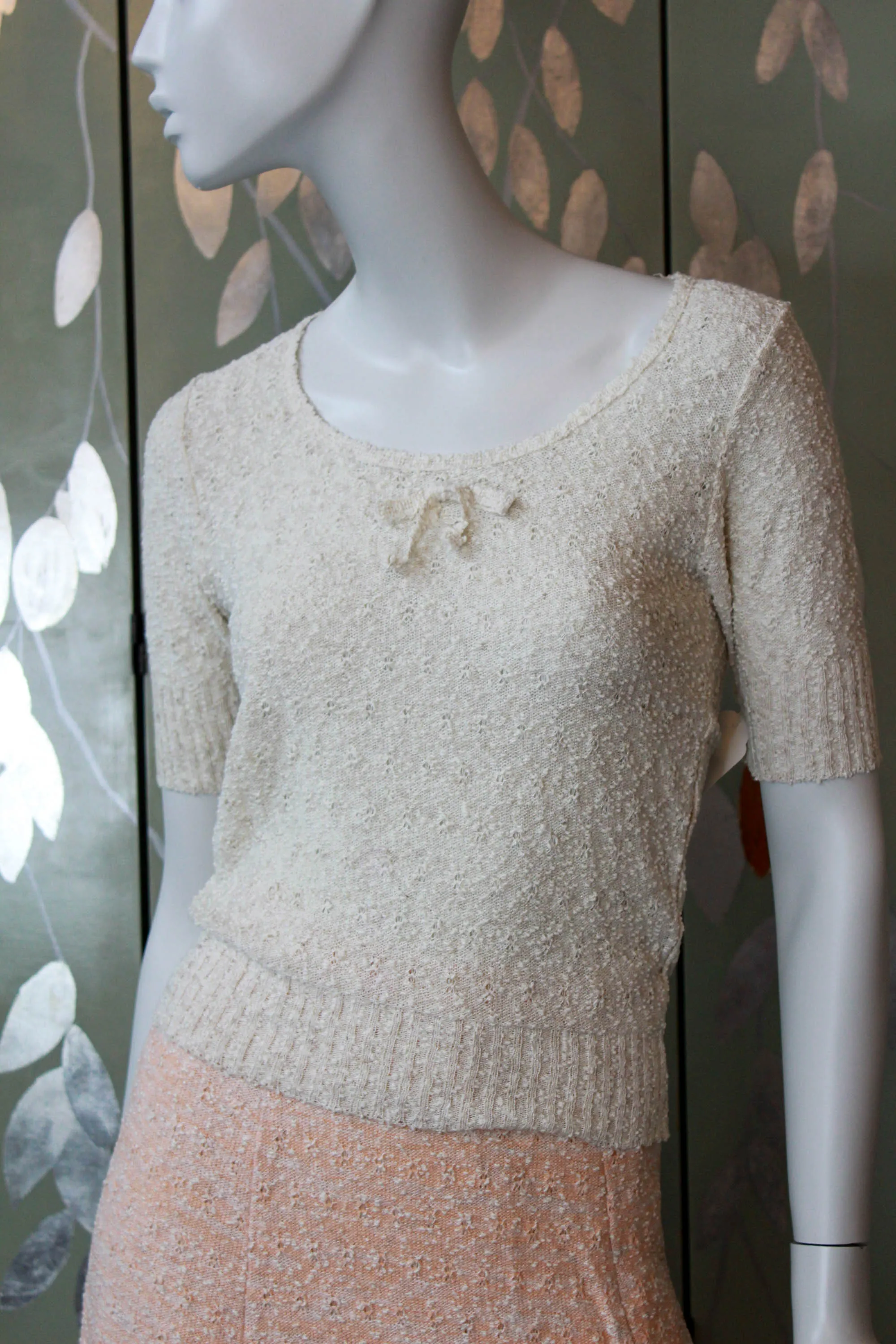 80s Deadstock Taupe Knit Top with Bow, Small