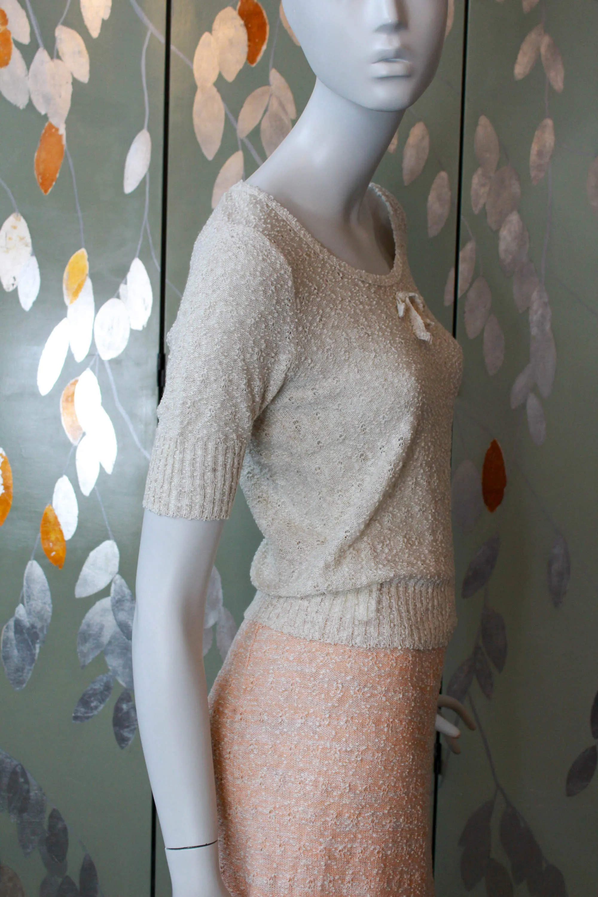 80s Deadstock Taupe Knit Top with Bow, Small