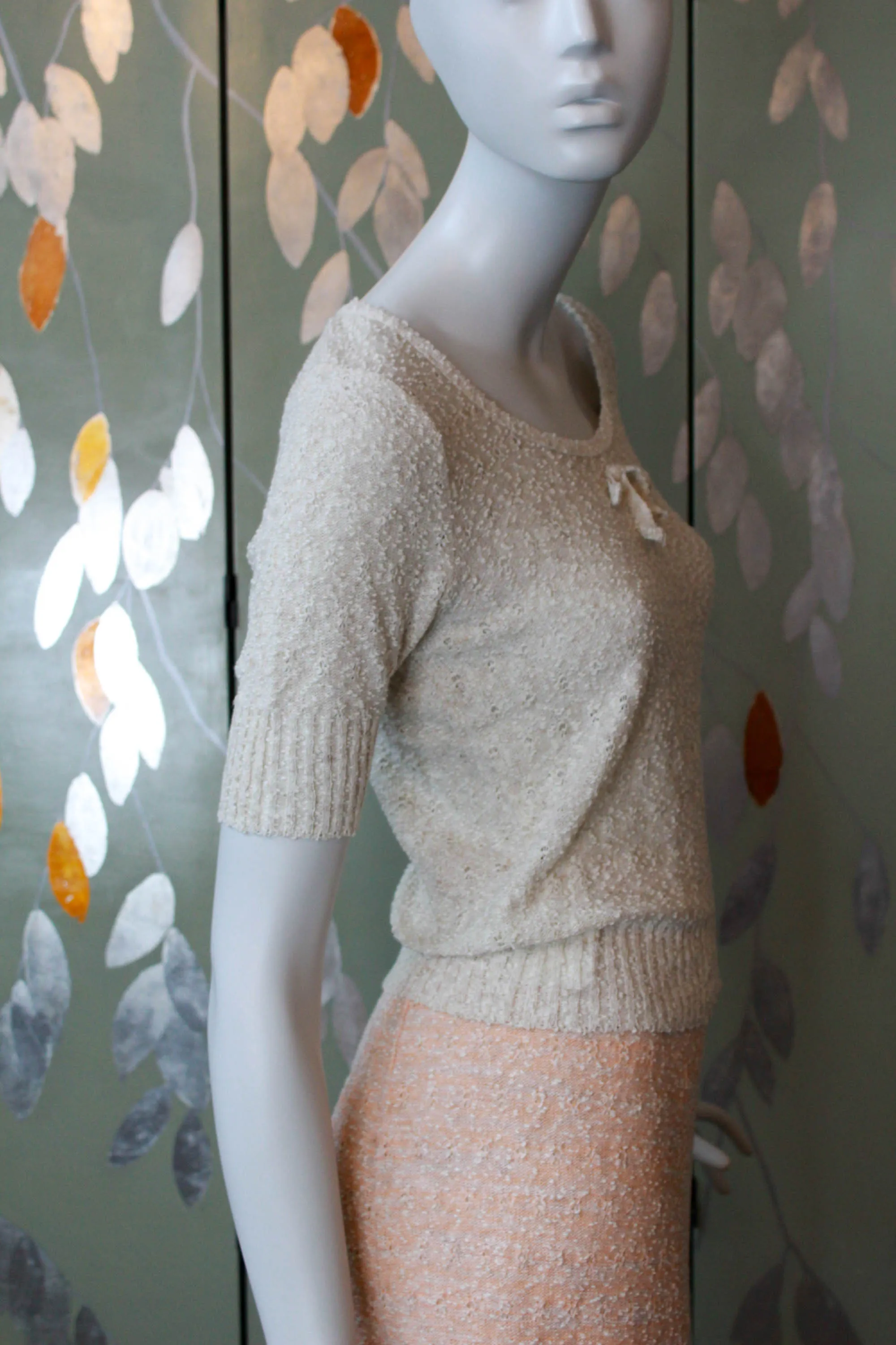 80s Deadstock Taupe Knit Top with Bow, Small