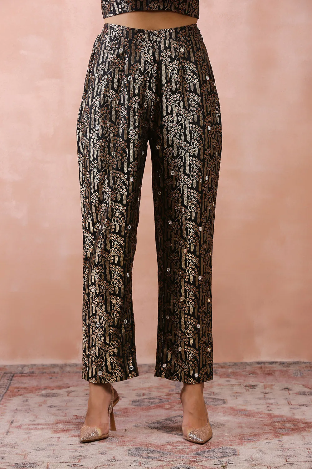 Black Embroidered Blazer With Bustier And Pant