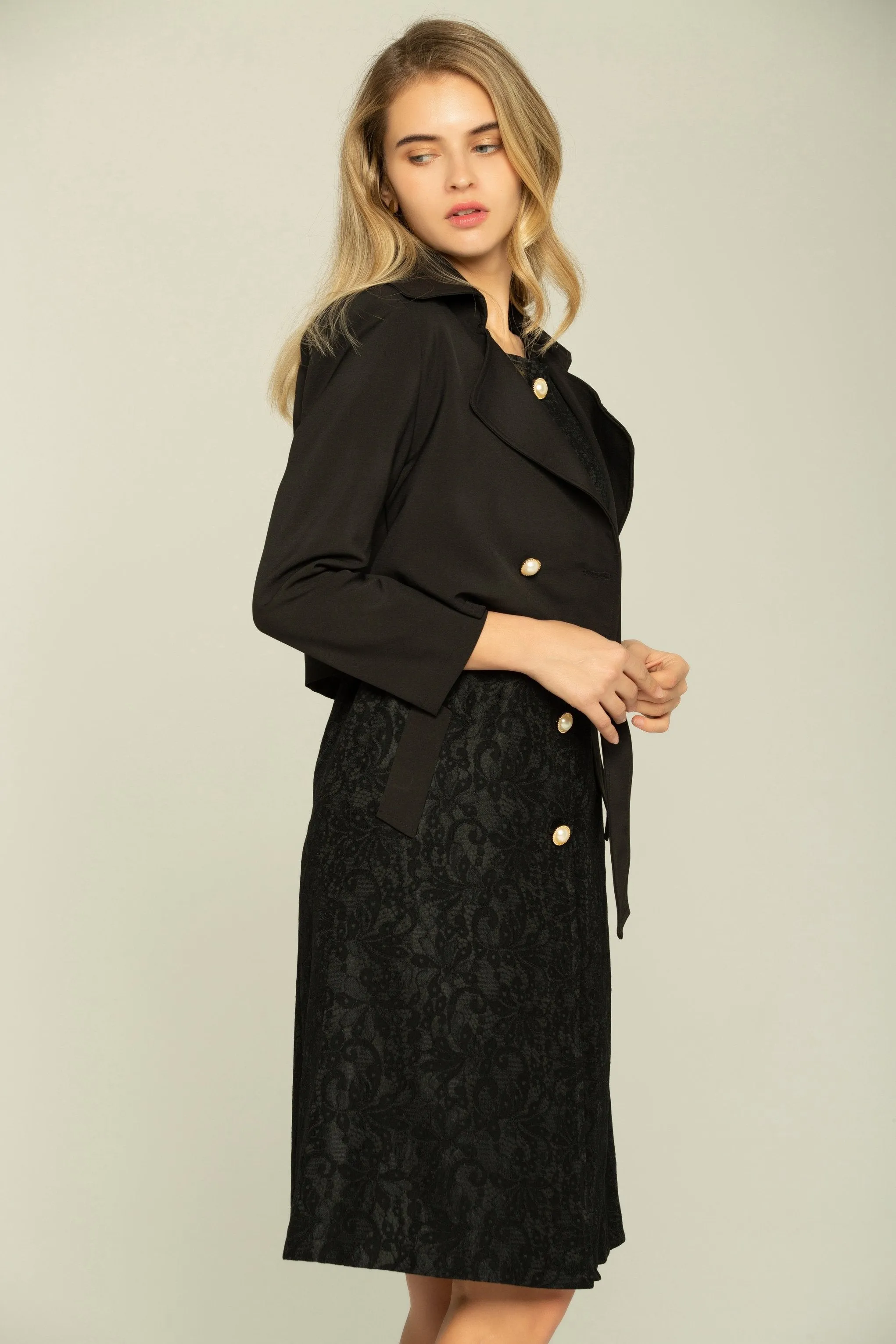 Black Full Sleeves Asymmetrical Cropped Blazer with Little Black Dress Set