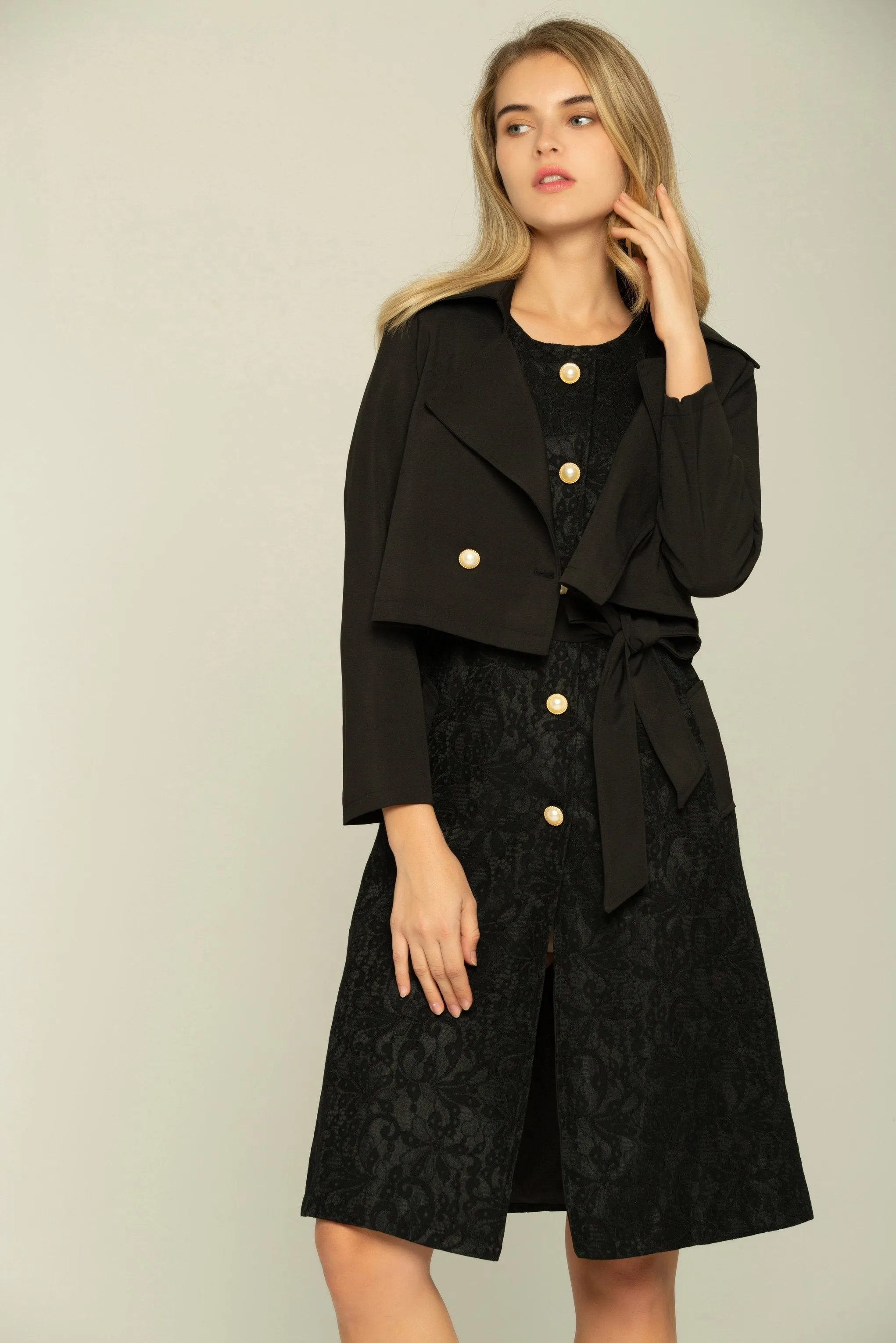 Black Full Sleeves Asymmetrical Cropped Blazer with Little Black Dress Set