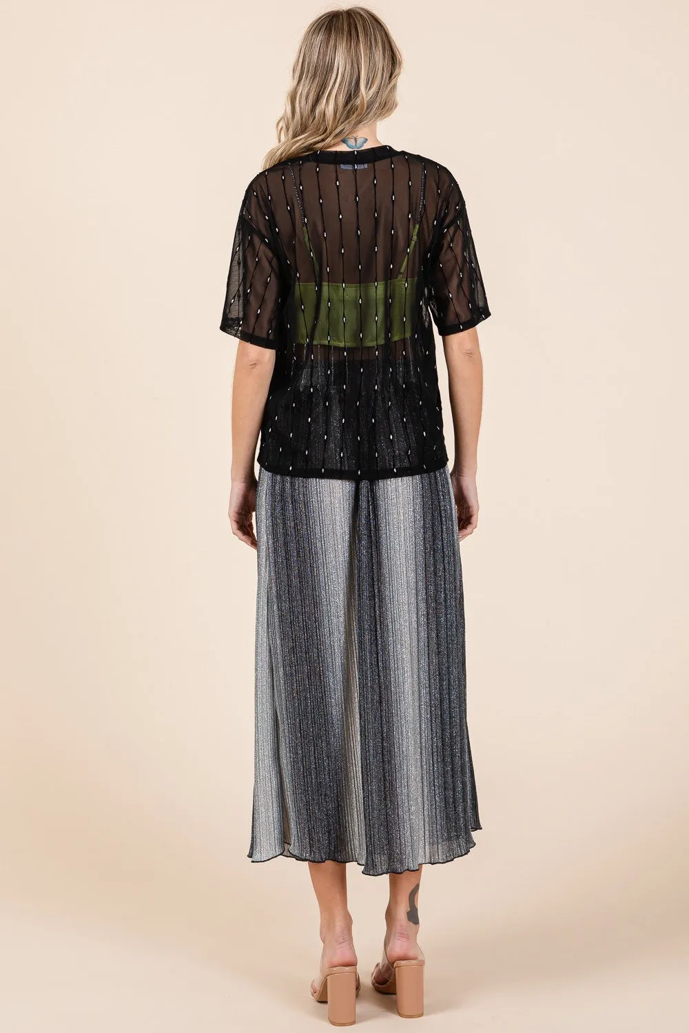 Black Round Neck Drop Shoulder Mesh Glitter Top