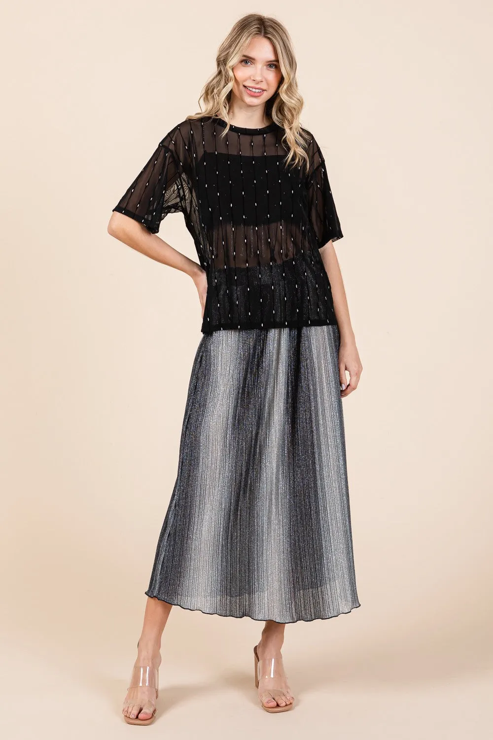 Black Round Neck Drop Shoulder Mesh Glitter Top