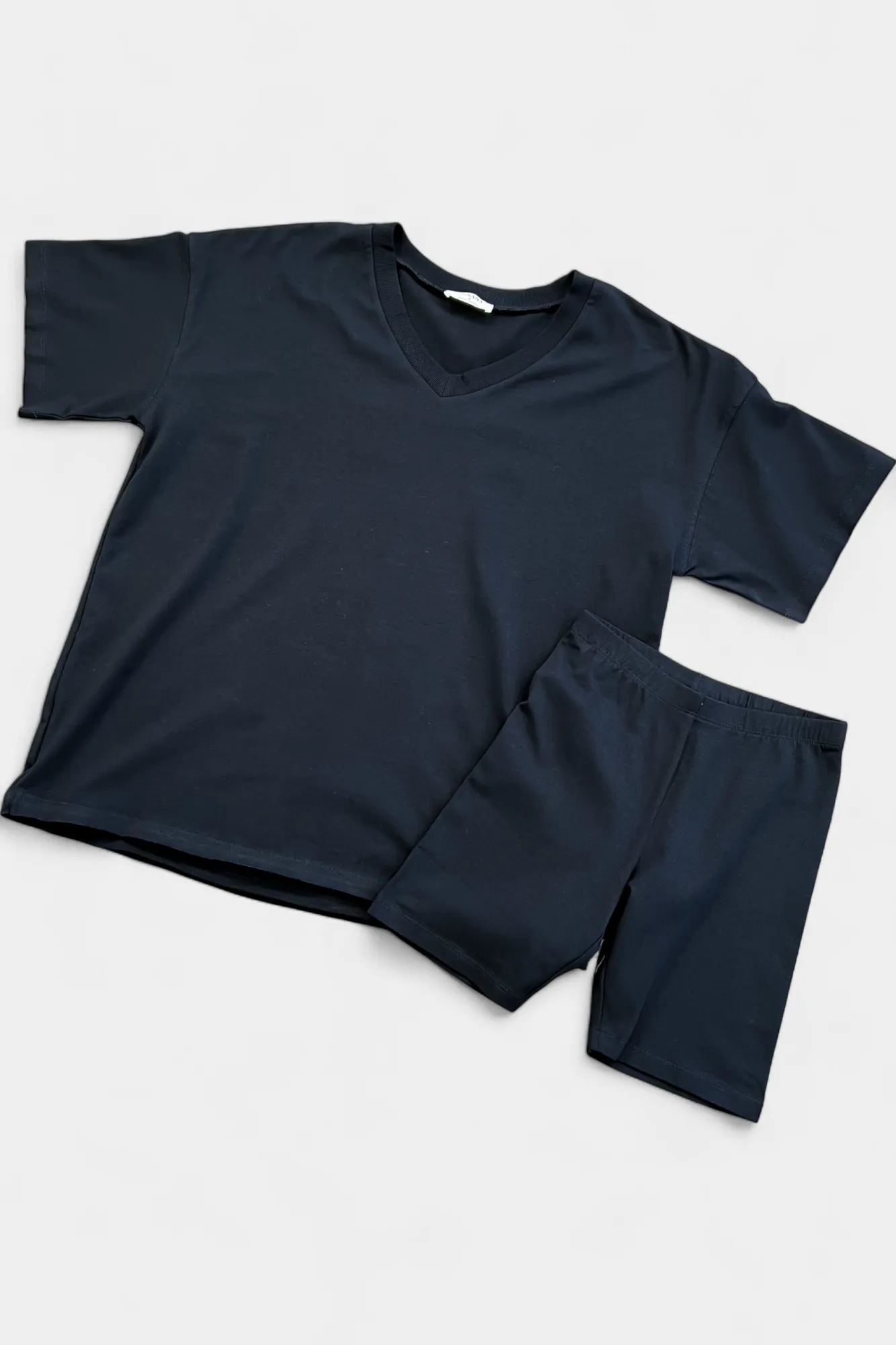 Black V Neck Biker Short Loungewear Set