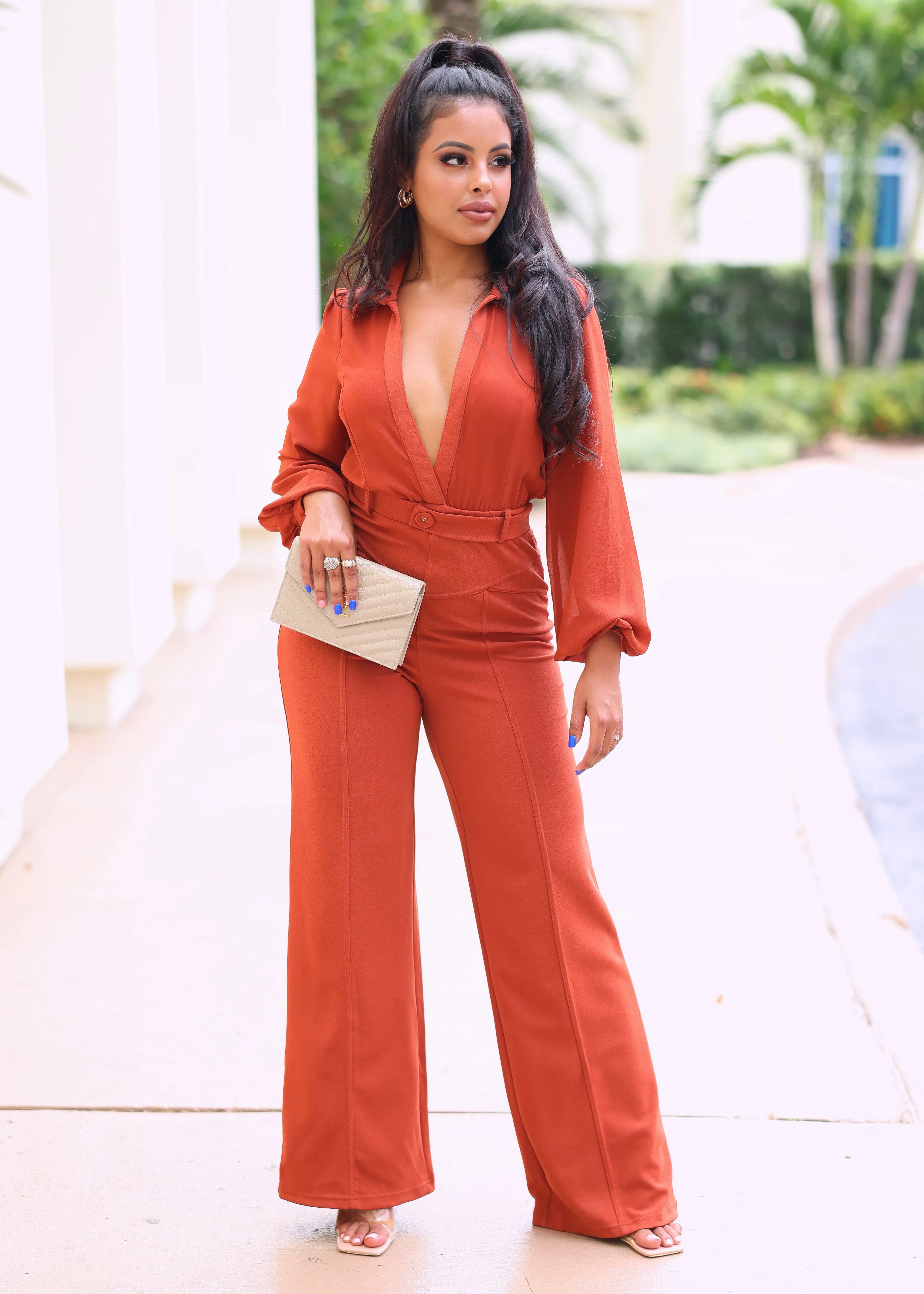 Boa Mesh Long Sleeves V-Neck Collared Jumpsuit