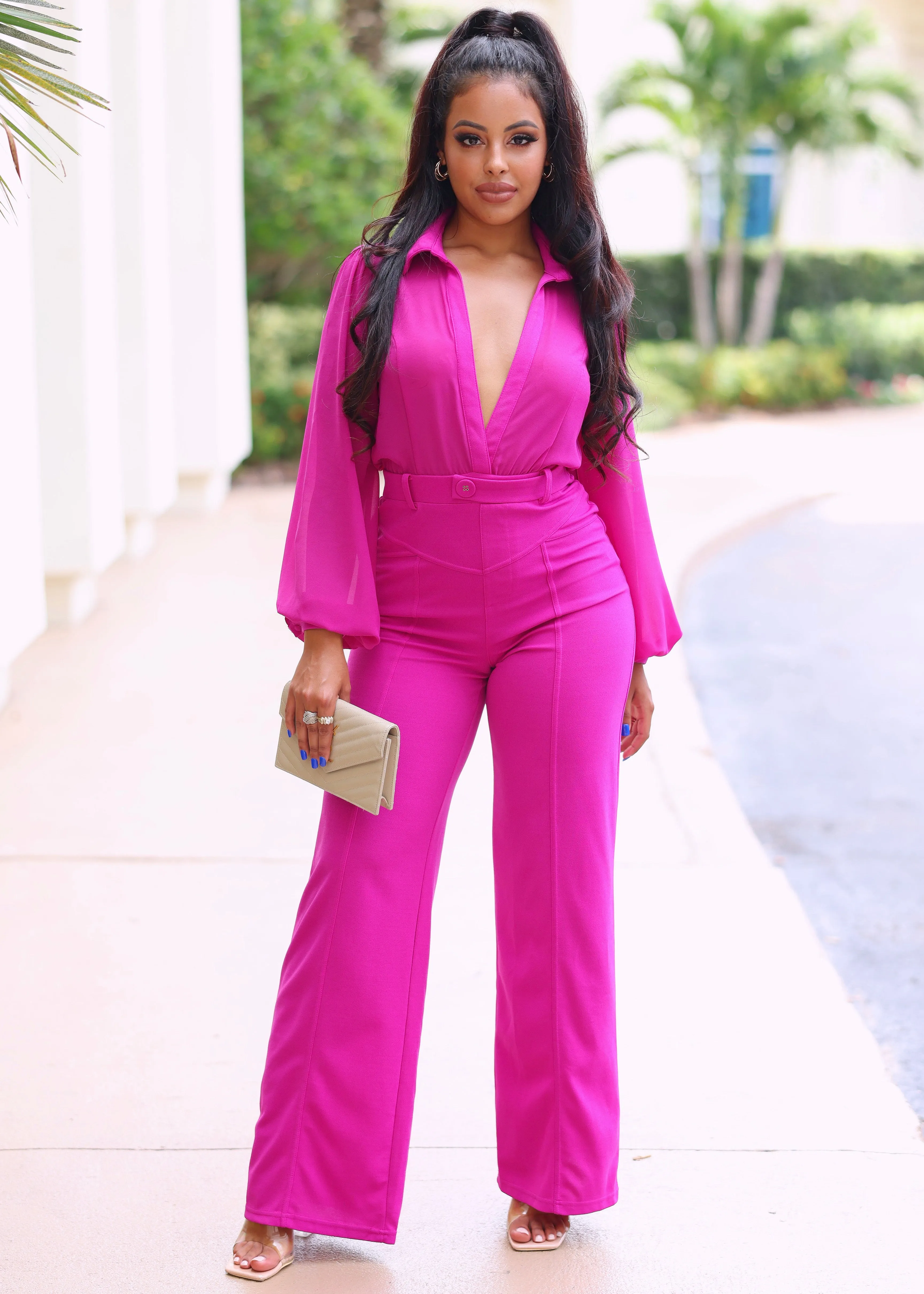 Boa Mesh Long Sleeves V-Neck Collared Jumpsuit