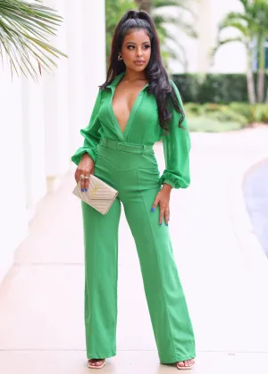Boa Mesh Long Sleeves V-Neck Collared Jumpsuit