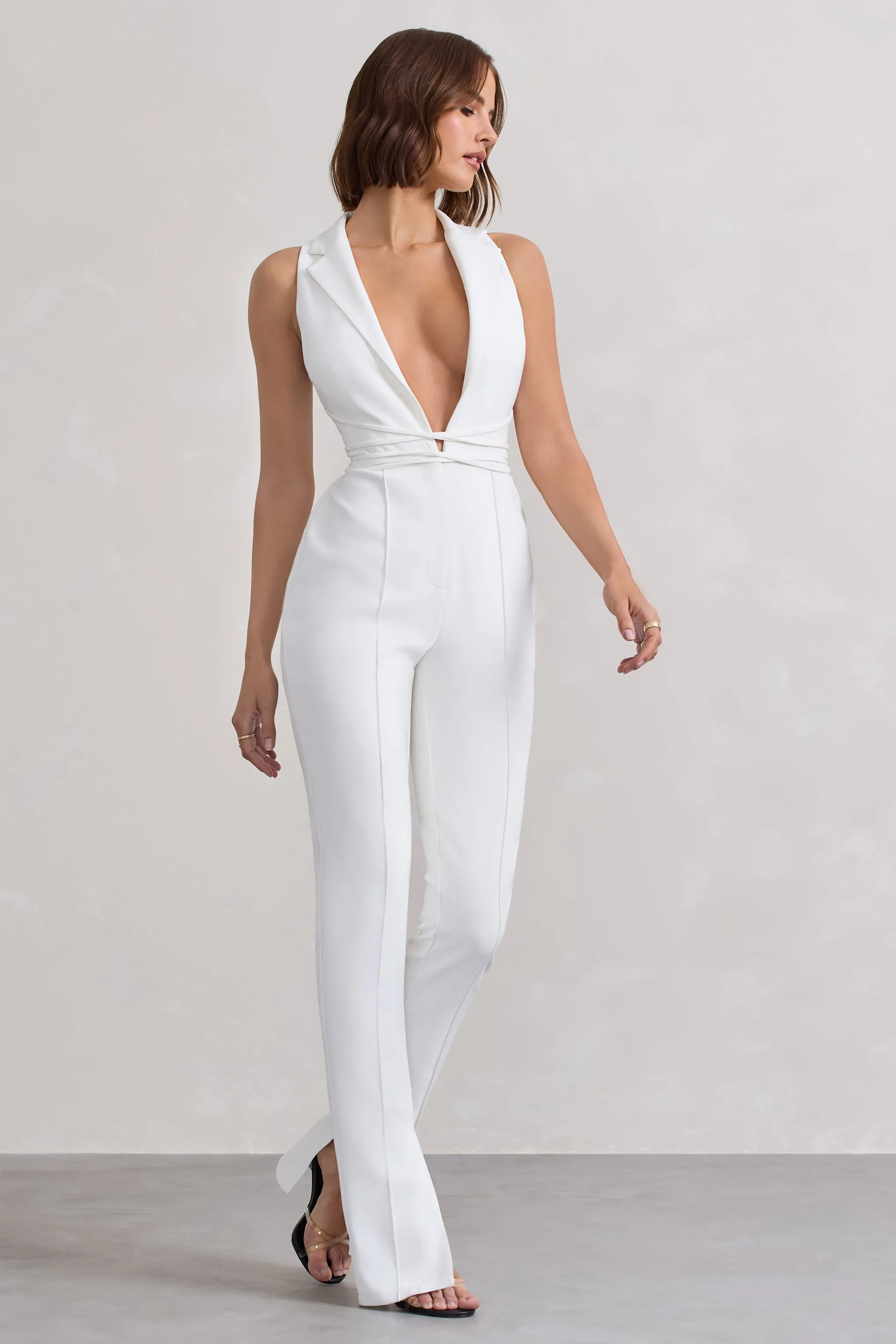 Darcys Elegant White Tailored Jumpsuit with Plunge Neckline and Tie Detail