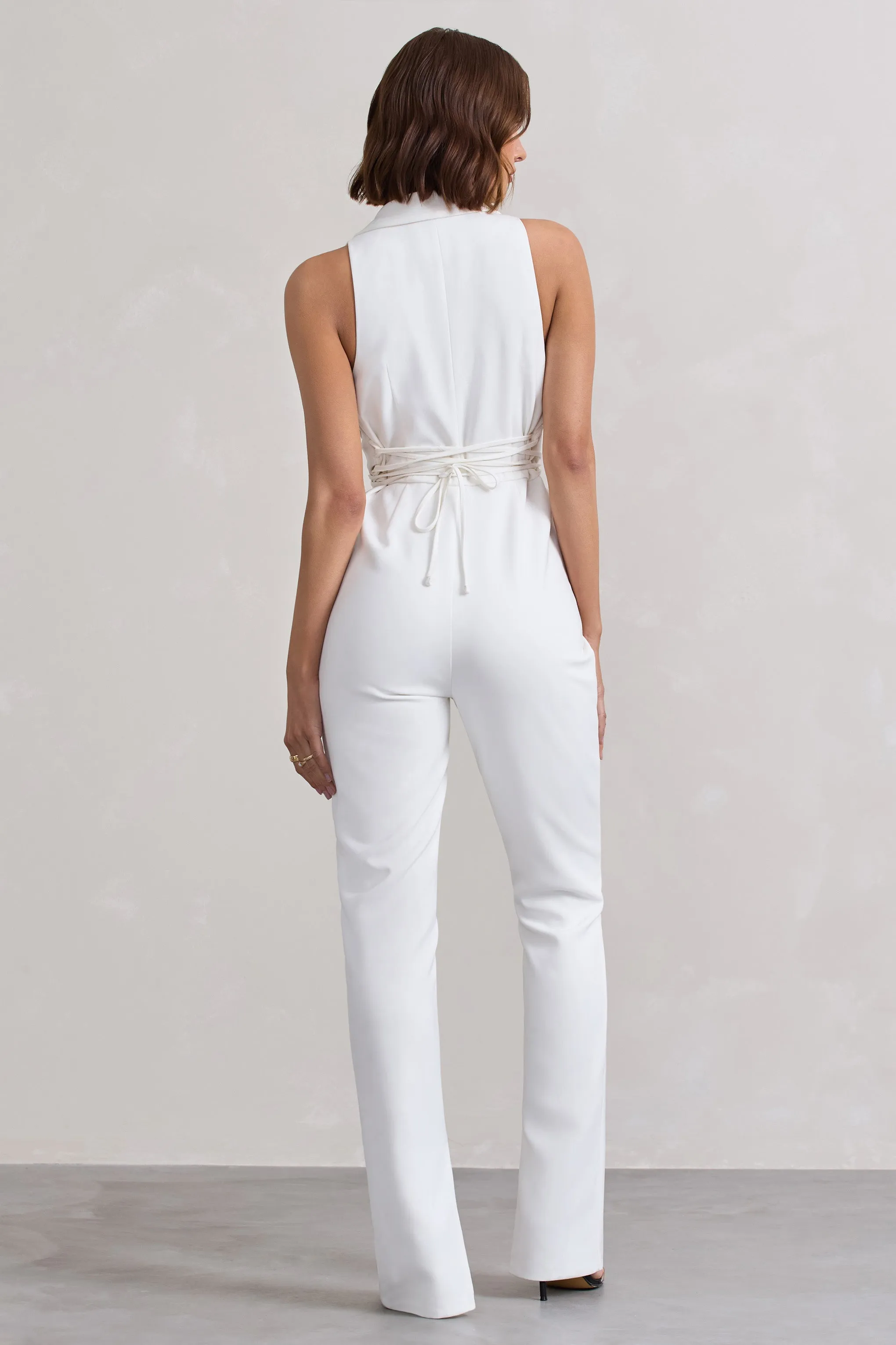 Darcys Elegant White Tailored Jumpsuit with Plunge Neckline and Tie Detail