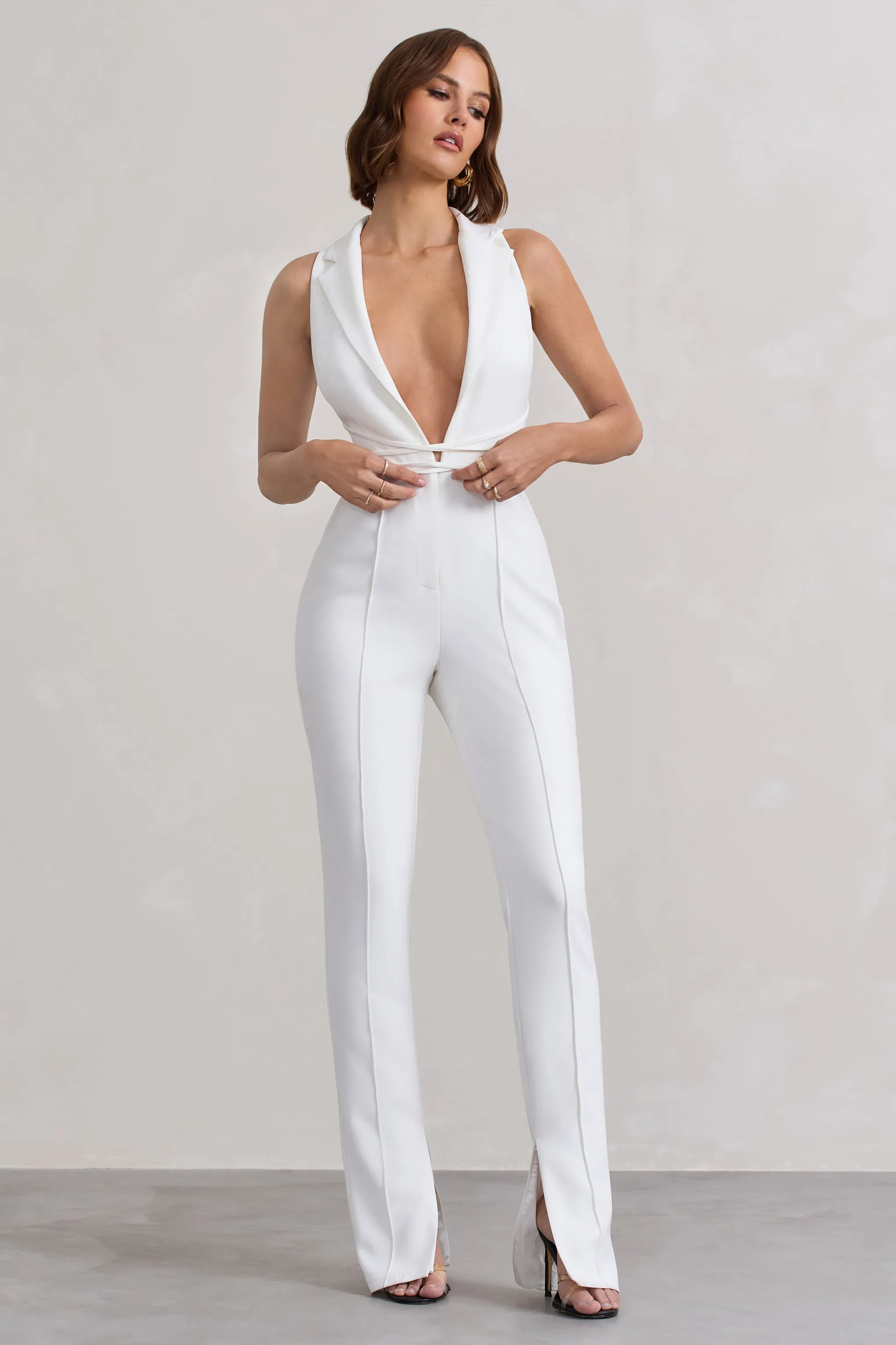 Darcys Elegant White Tailored Jumpsuit with Plunge Neckline and Tie Detail