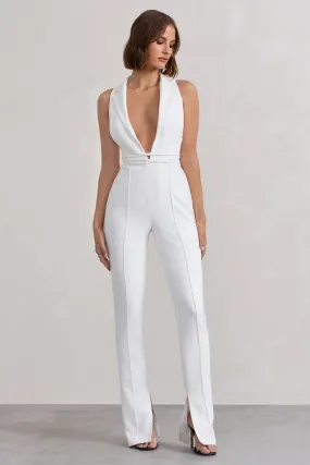Darcys Elegant White Tailored Jumpsuit with Plunge Neckline and Tie Detail