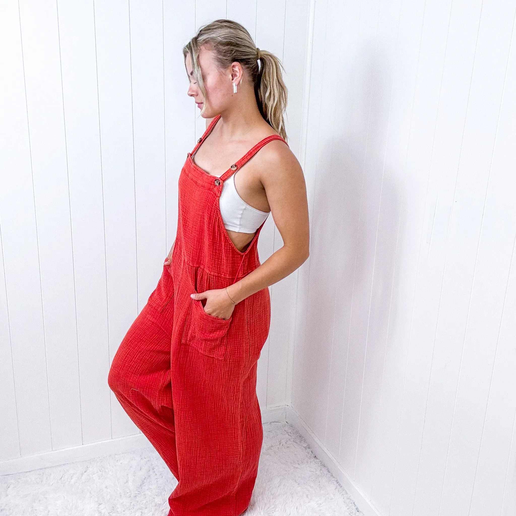 Dark Orange Crinkle Gauze Woven Jumpsuit