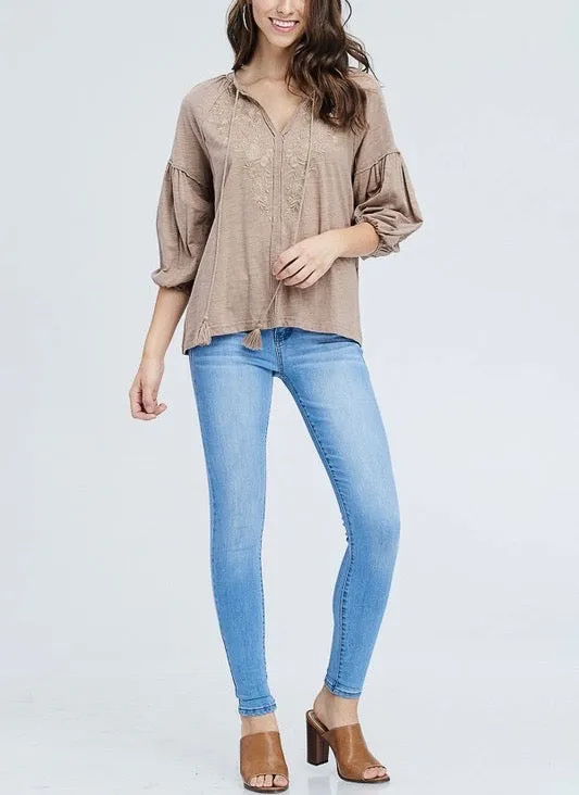 Drop Shoulder Boho Tassel Top with Embroidered Detail in Taupe