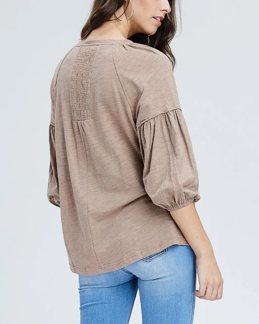Drop Shoulder Boho Tassel Top with Embroidered Detail in Taupe