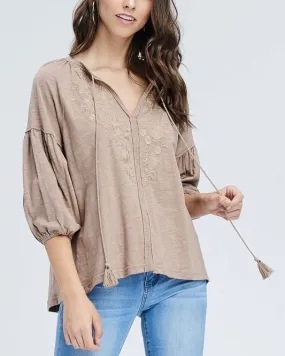 Drop Shoulder Boho Tassel Top with Embroidered Detail in Taupe
