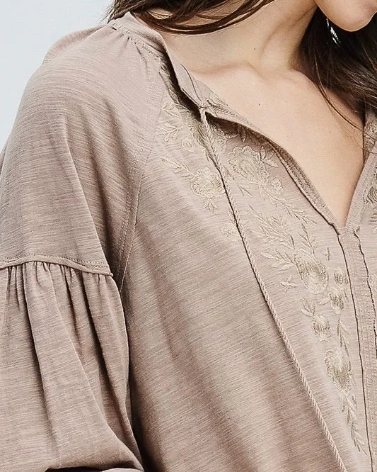 Drop Shoulder Boho Tassel Top with Embroidered Detail in Taupe