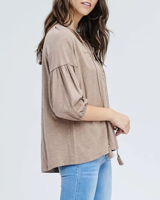 Drop Shoulder Boho Tassel Top with Embroidered Detail in Taupe