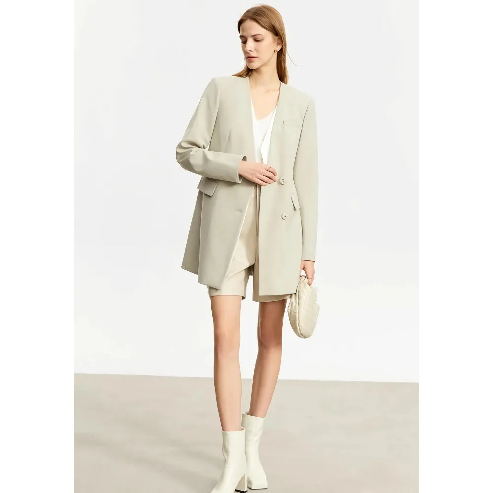 Elegant V-Neck Blazer with Belt and Shoulder Pads