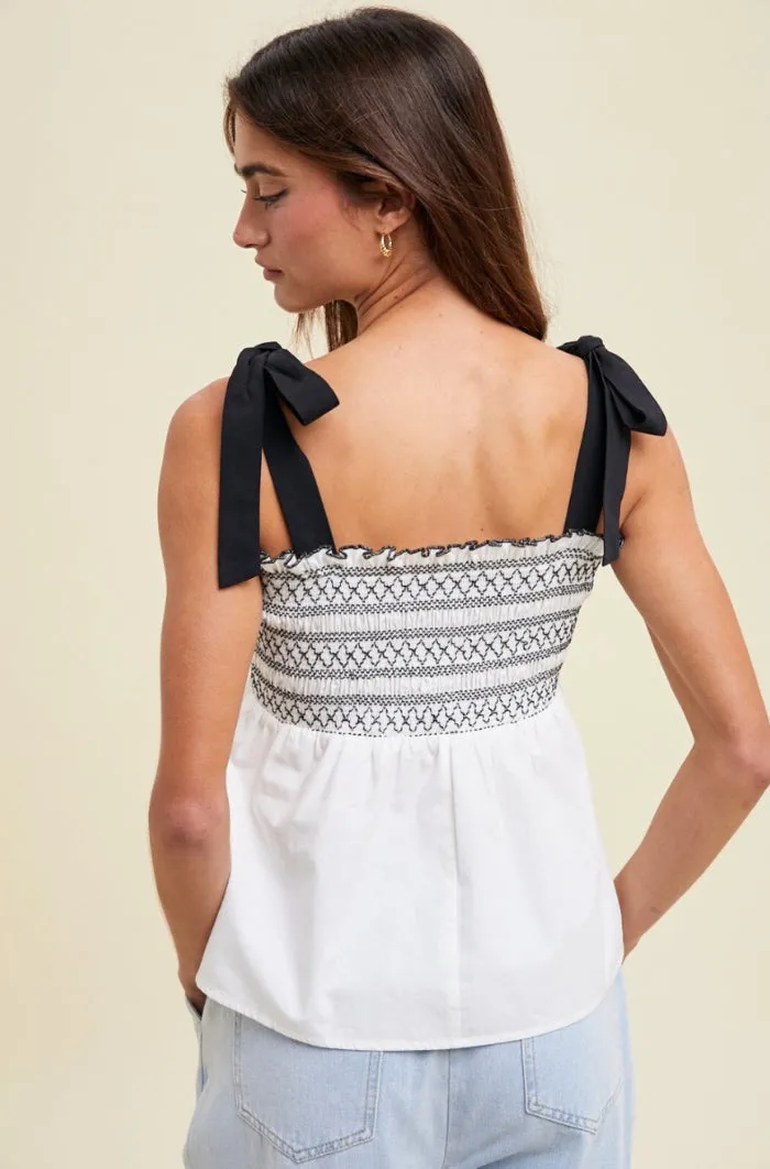 Embroidered Self Tie Cami Top