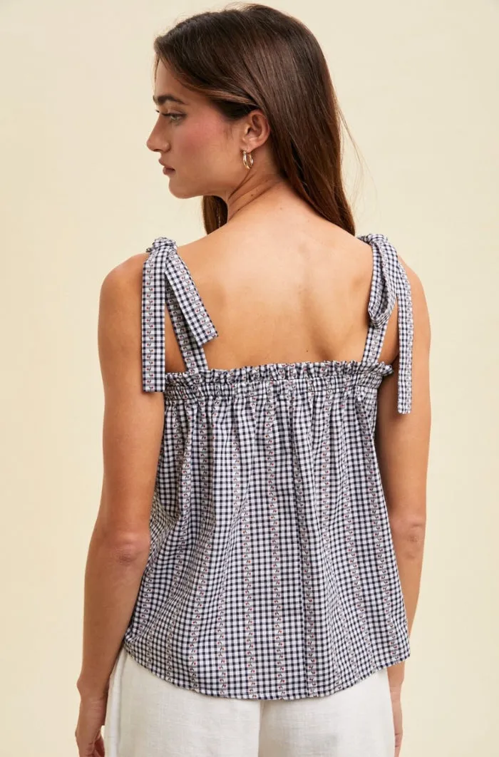 Floral Gingham & Self Tie Shoulder Straps Top
