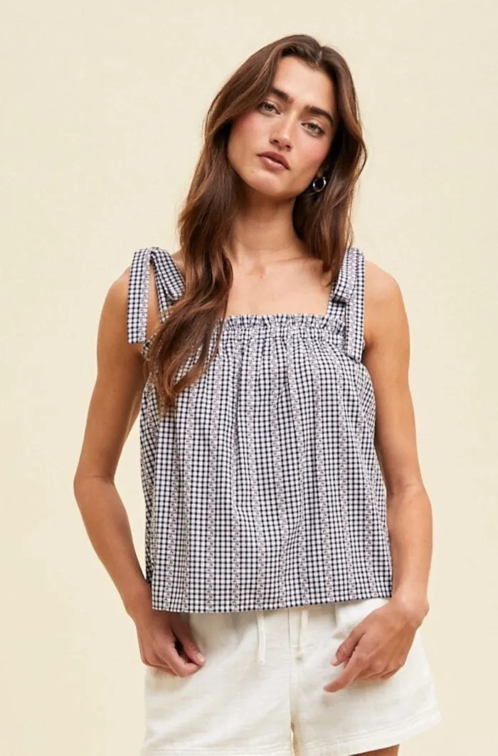 Floral Gingham & Self Tie Shoulder Straps Top