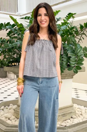 Floral Gingham & Self Tie Shoulder Straps Top