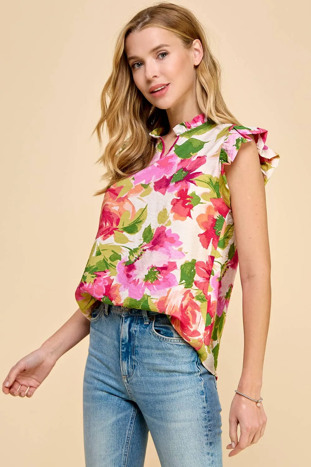 Floral Printed V neck with Ruffled Short Sleeves Pink Print