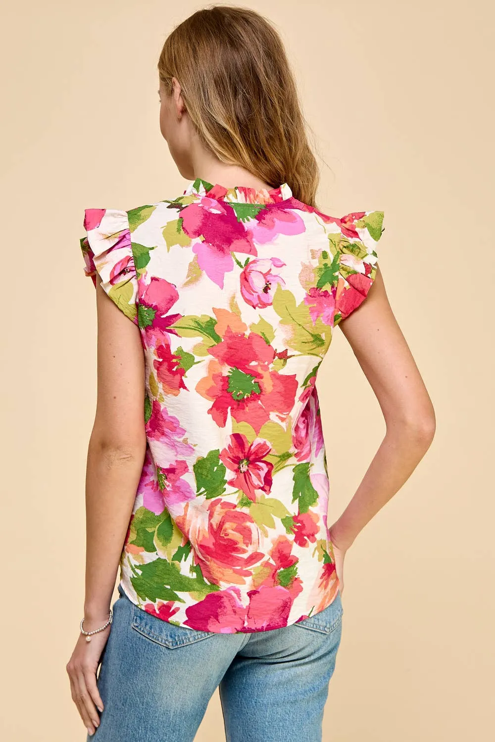 Floral Printed V neck with Ruffled Short Sleeves Pink Print