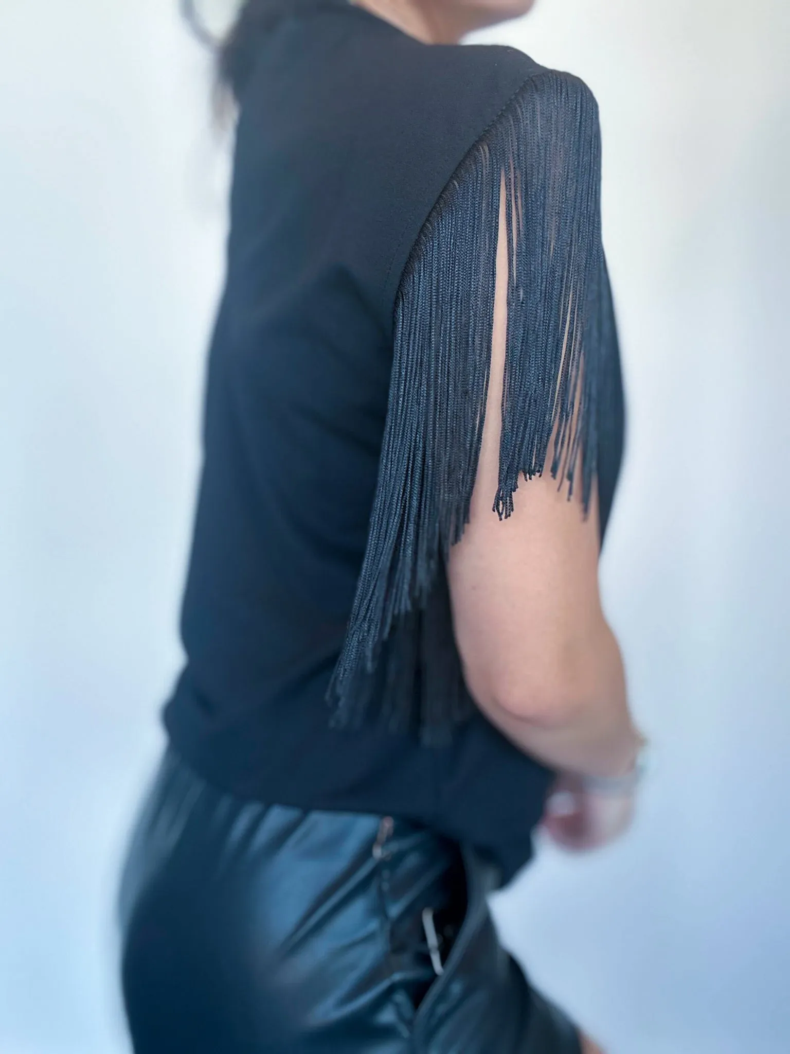 Fringe Detailed Knit Top- Black