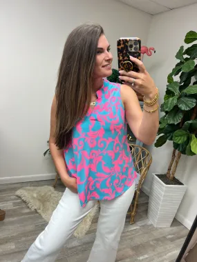 Lizzy Tank Top in Aqua and Pink Filigree - 4/26