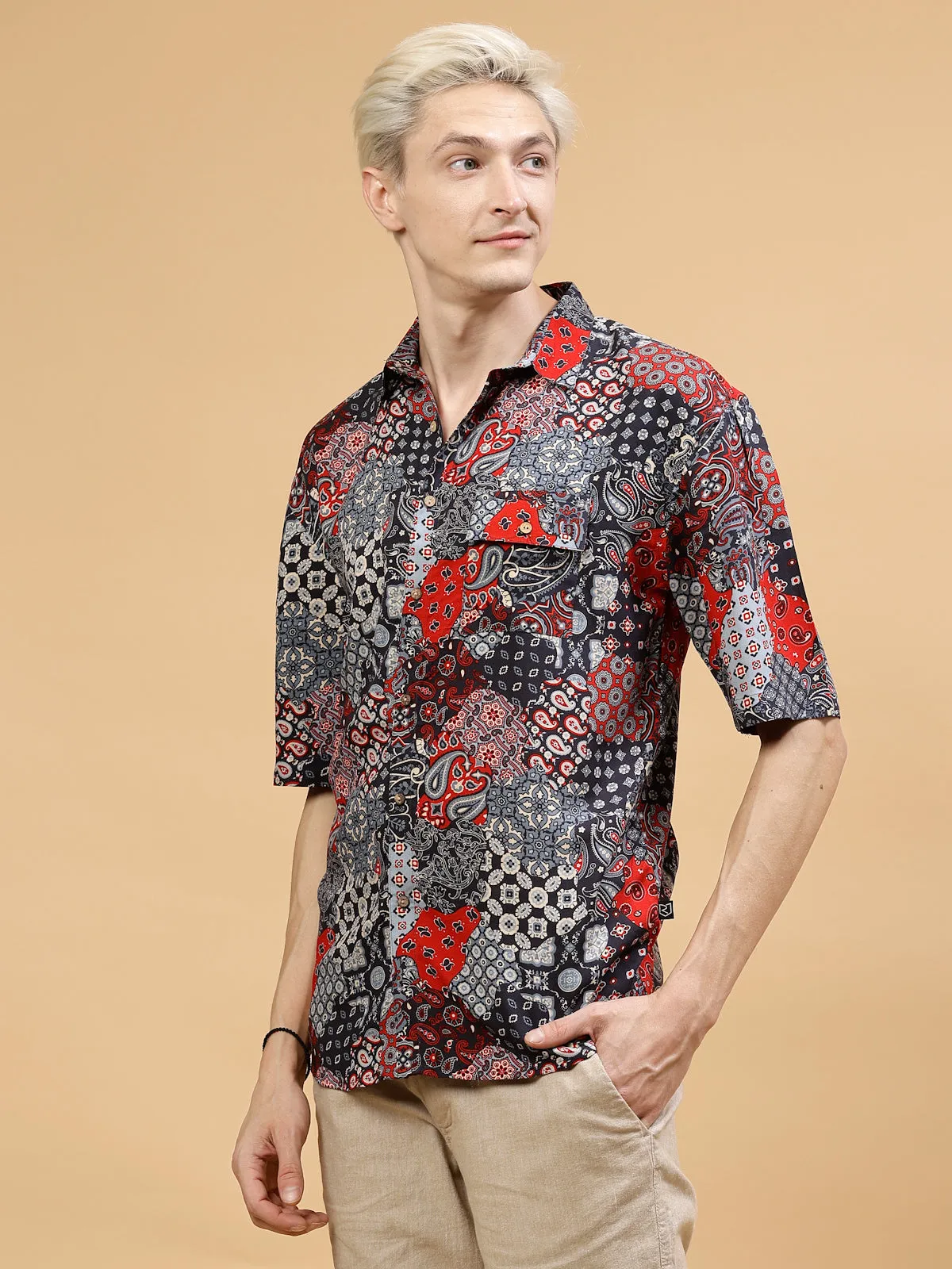 Men's Paisley Print Drop-Shoulder Hawaiian Shirt