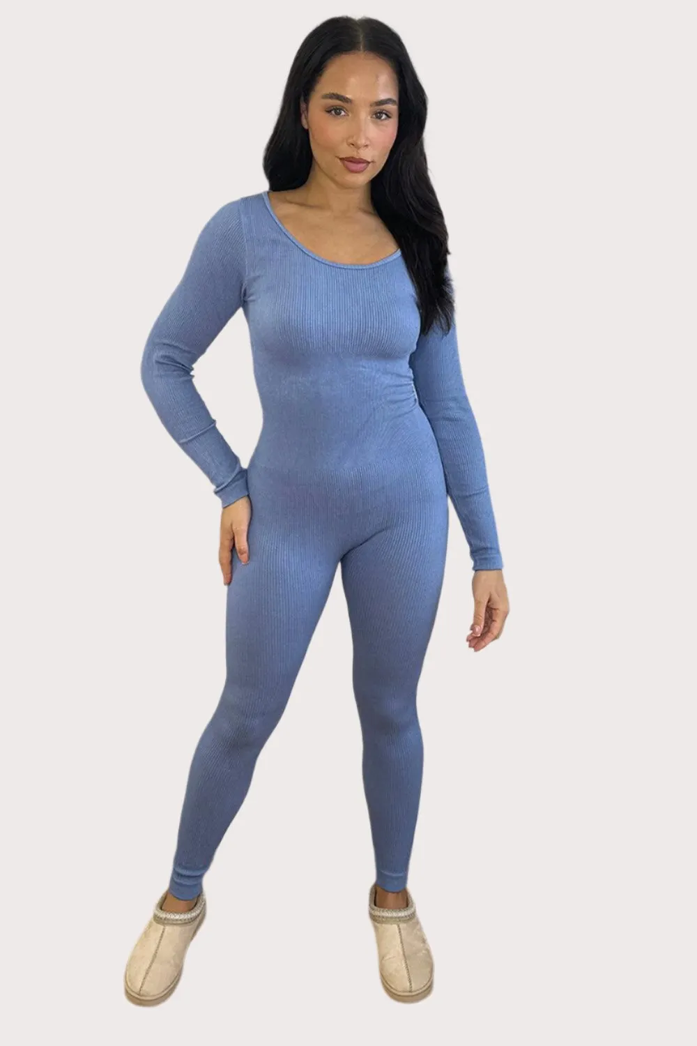 Mini Rib Stretch Fabric Scoop Neck Onesie Jumpsuit