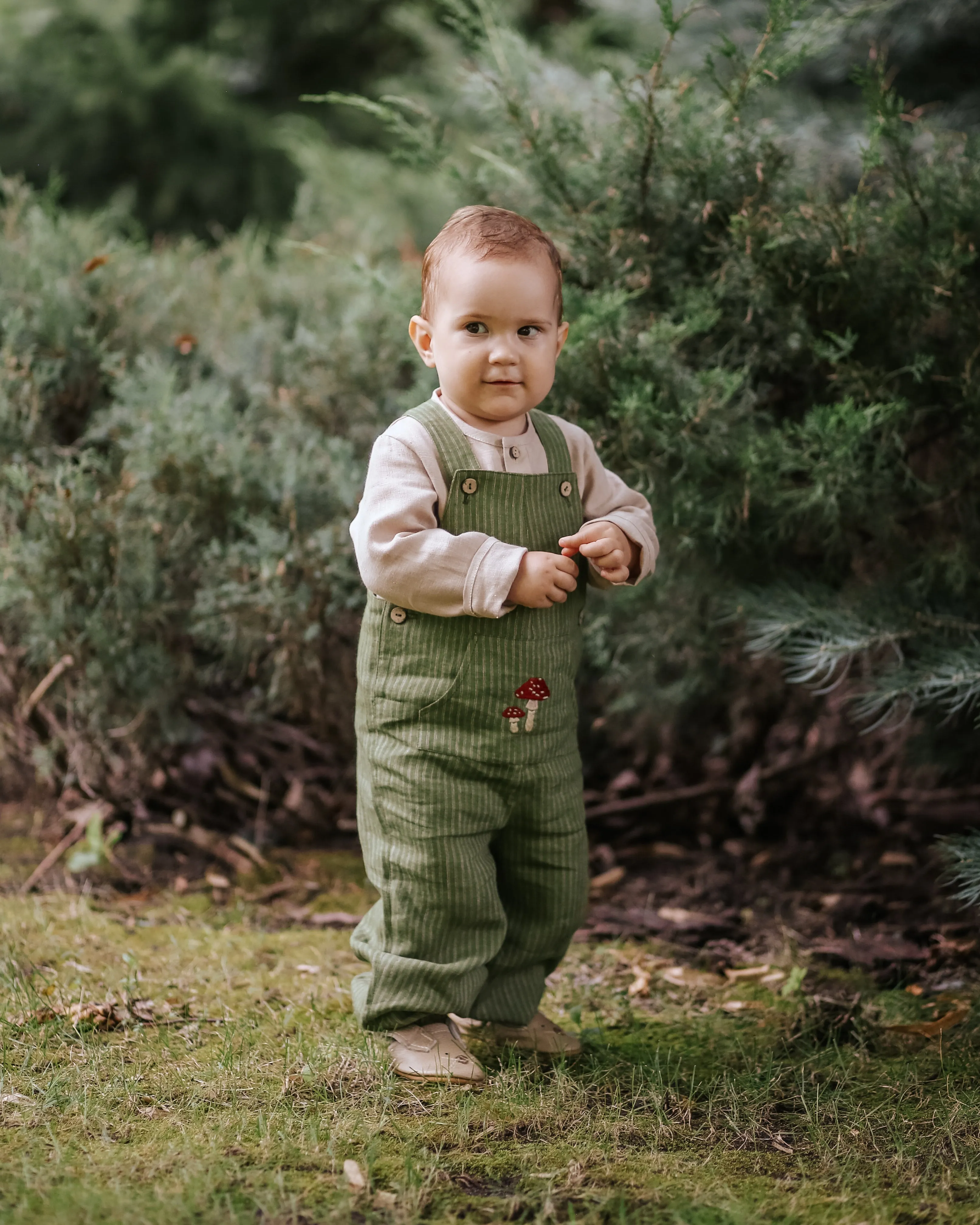 Rust Linen Kangaroo Pocket Buttoned Dungaree with "Mushrooms" Embroidery