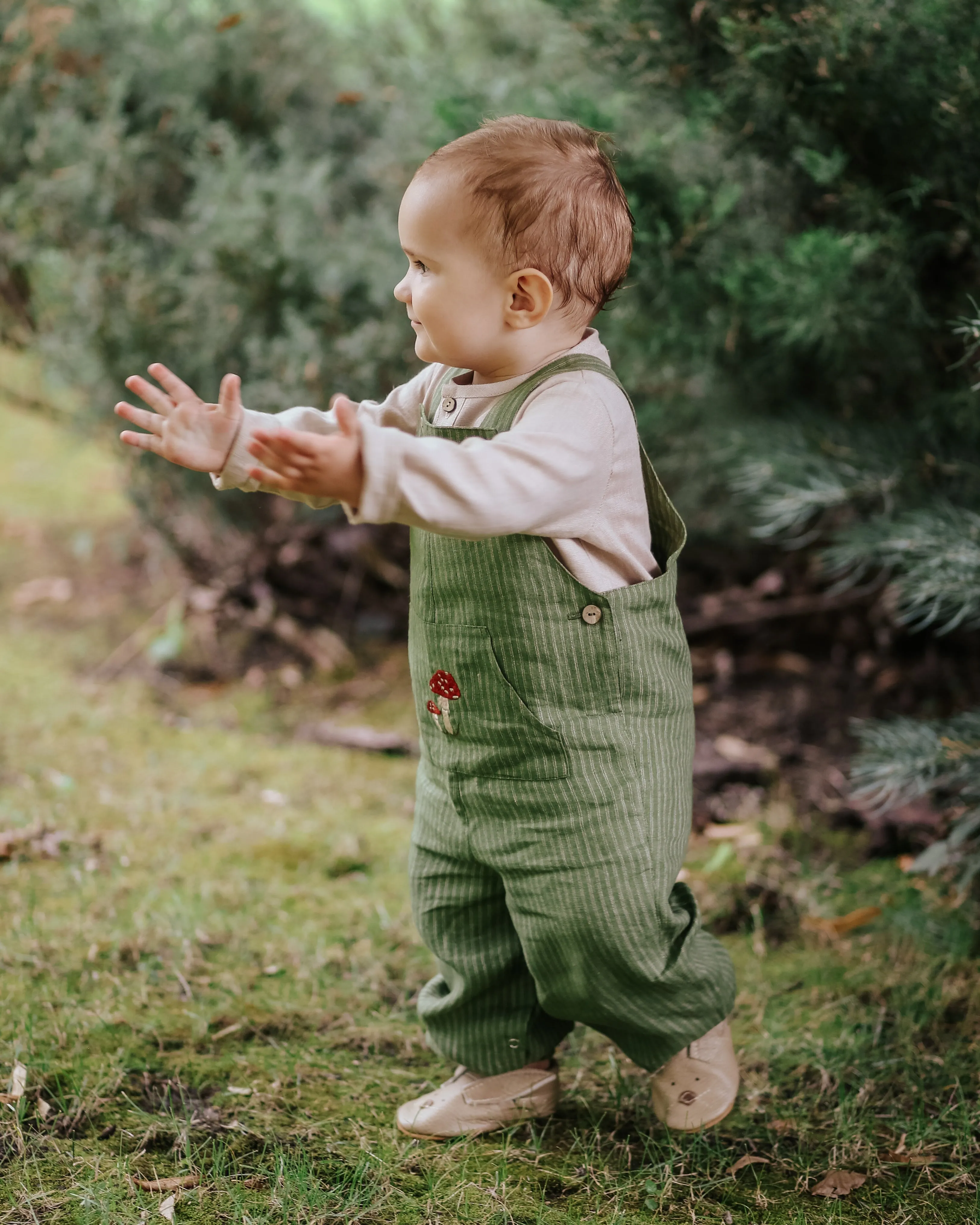 Rust Linen Kangaroo Pocket Buttoned Dungaree with "Mushrooms" Embroidery