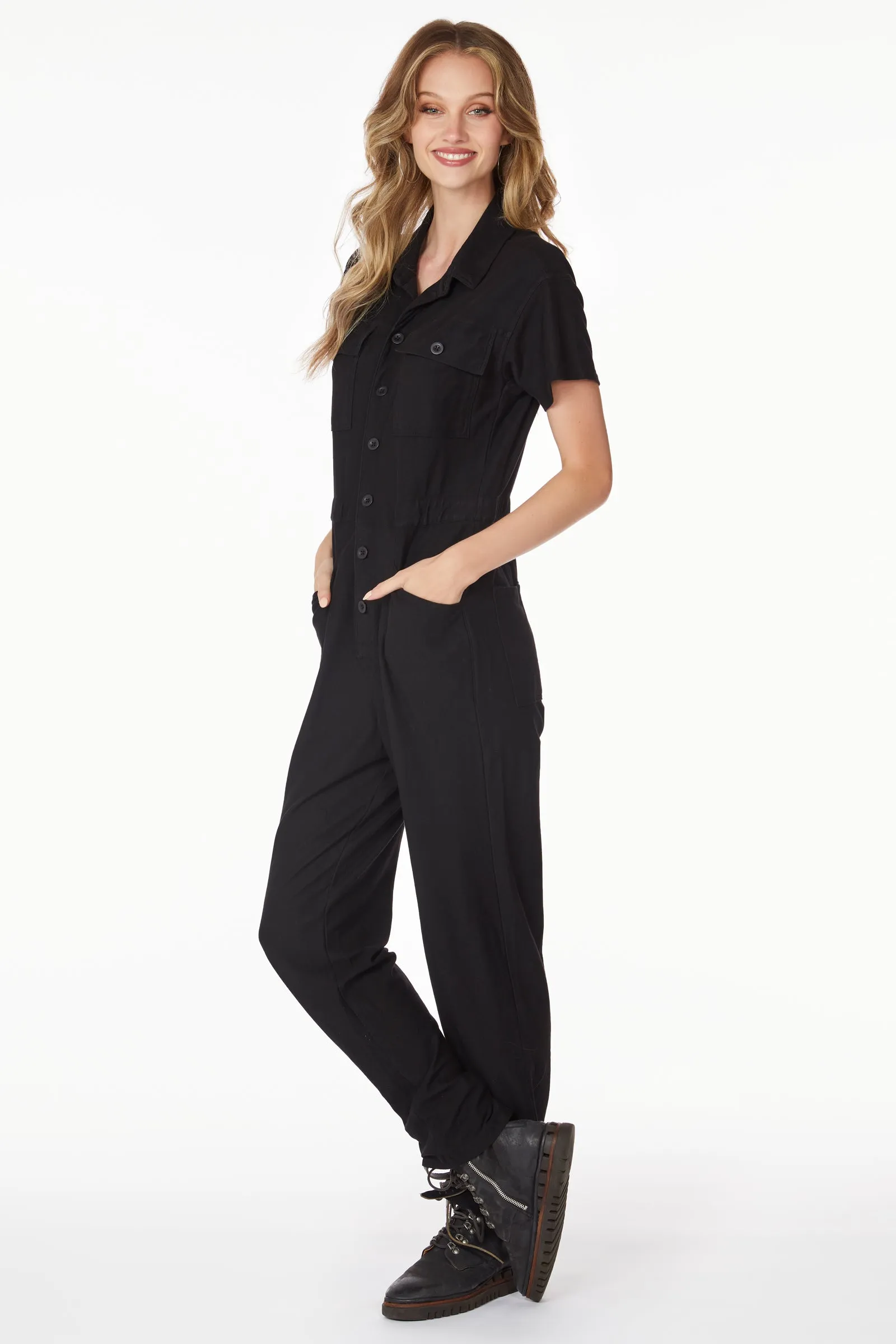 SHORT SLEEVE BUTTON FRONT JUMPSUIT