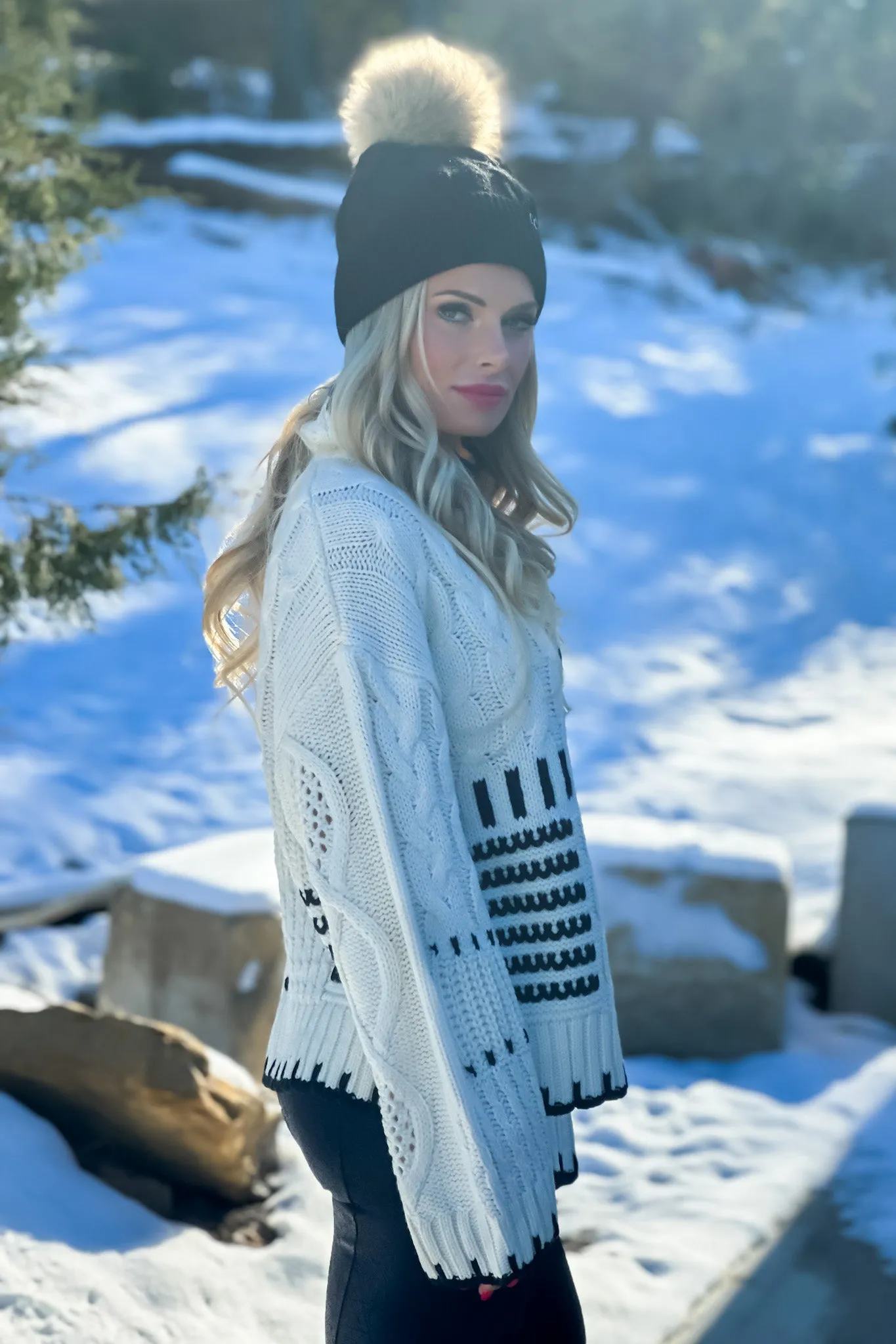 Stylish Splendor Cable Block Mock Neck Sweater : Cream/Black