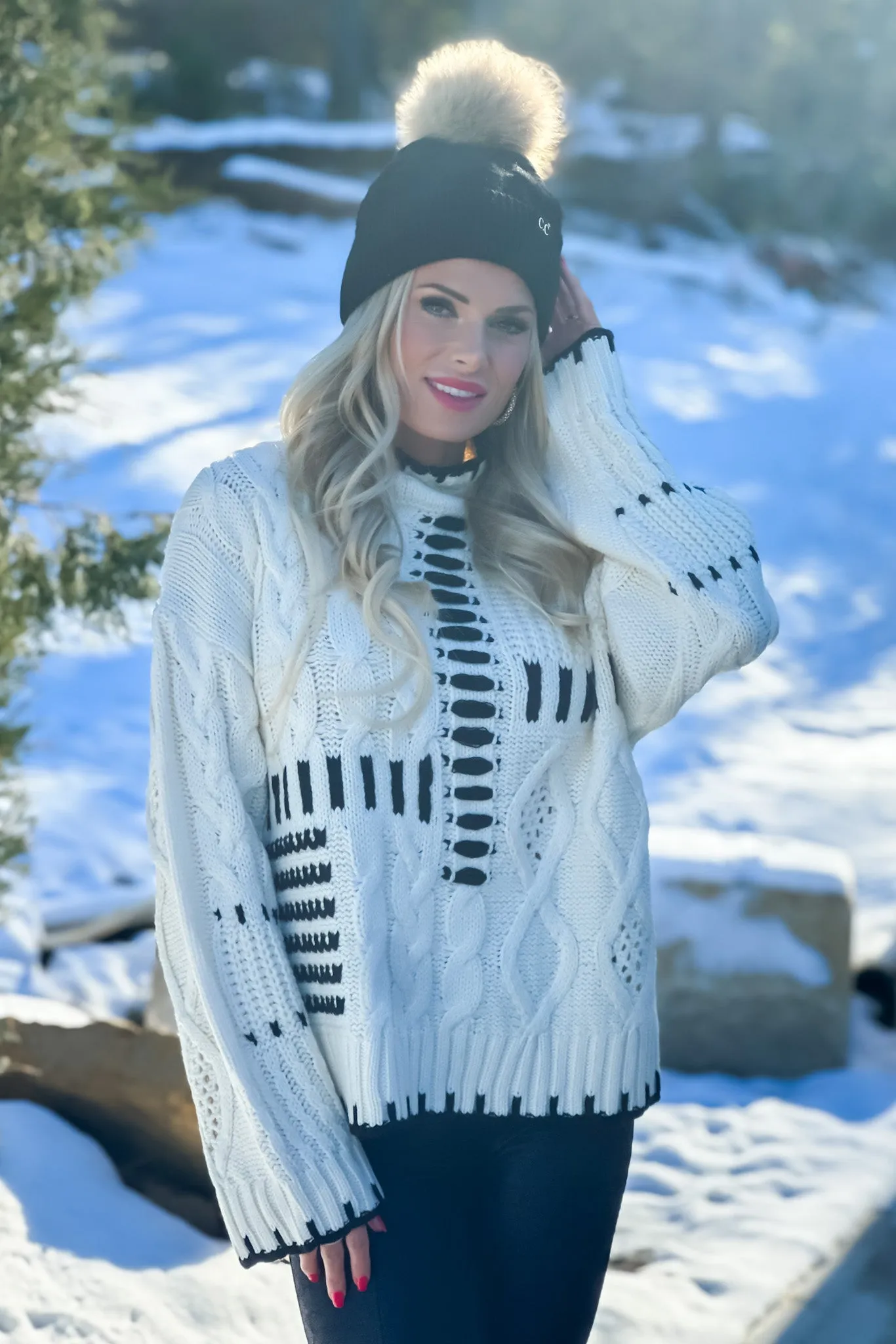 Stylish Splendor Cable Block Mock Neck Sweater : Cream/Black