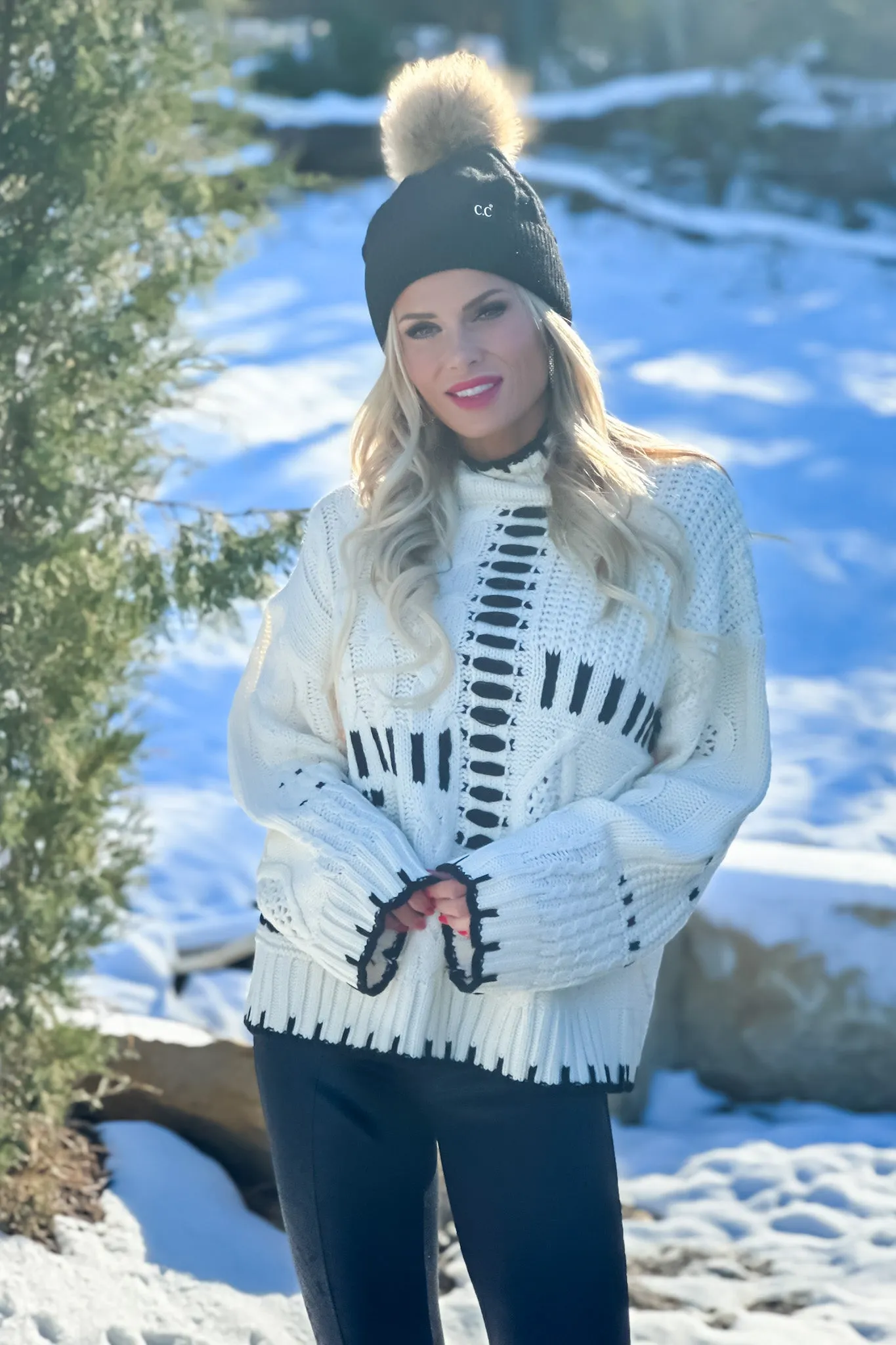 Stylish Splendor Cable Block Mock Neck Sweater : Cream/Black