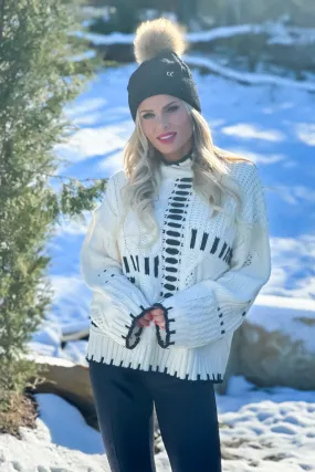 Stylish Splendor Cable Block Mock Neck Sweater : Cream/Black