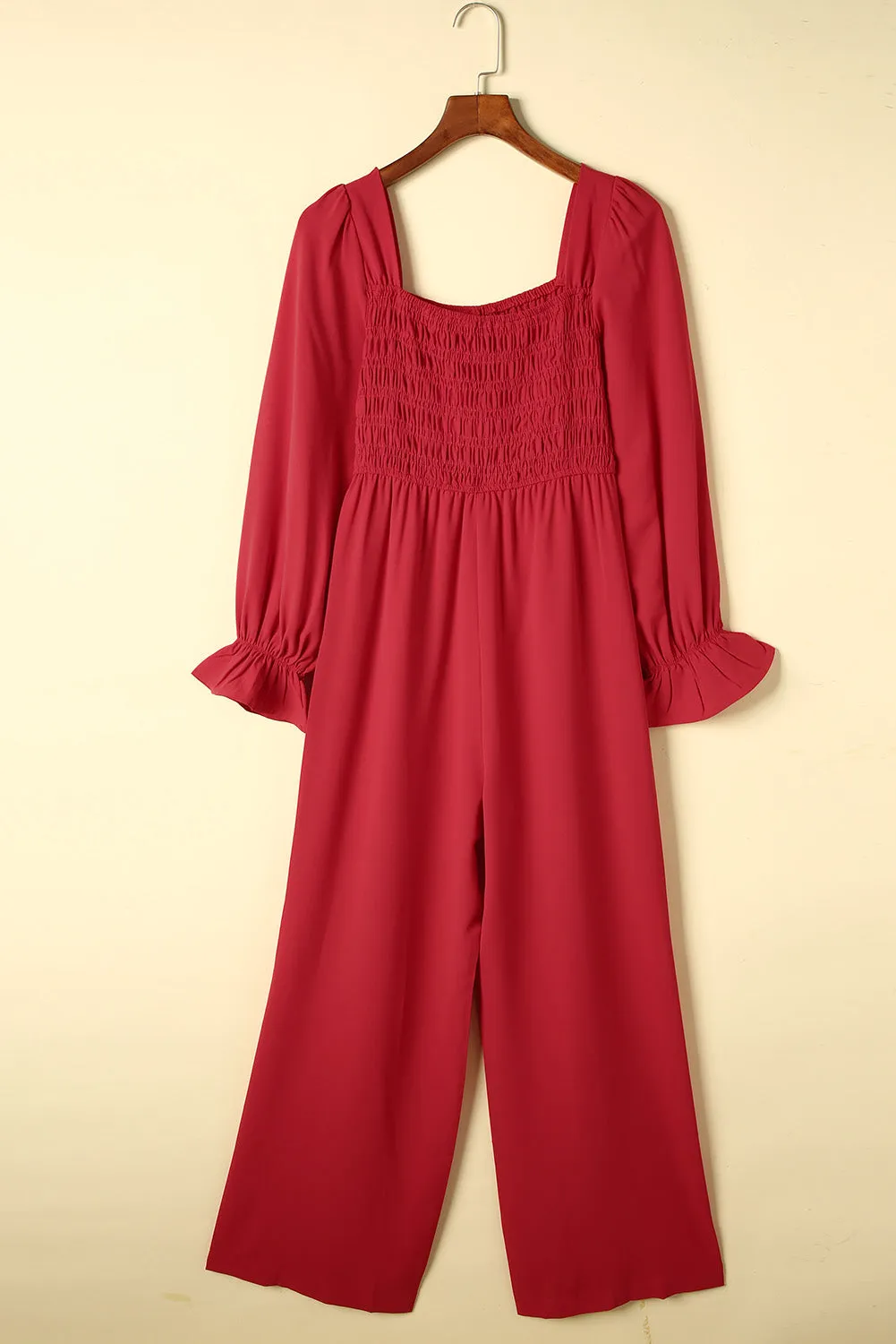 Sunset and Swim Smocked Long Flounce Sleeve Square Neck Jumpsuit