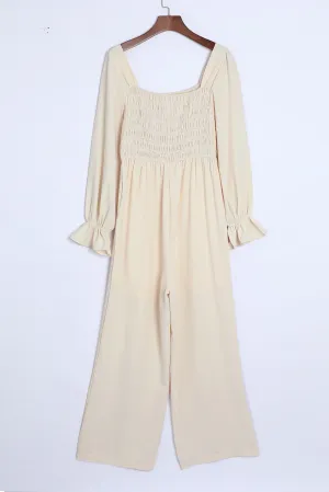 Sunset and Swim Smocked Long Flounce Sleeve Square Neck Jumpsuit