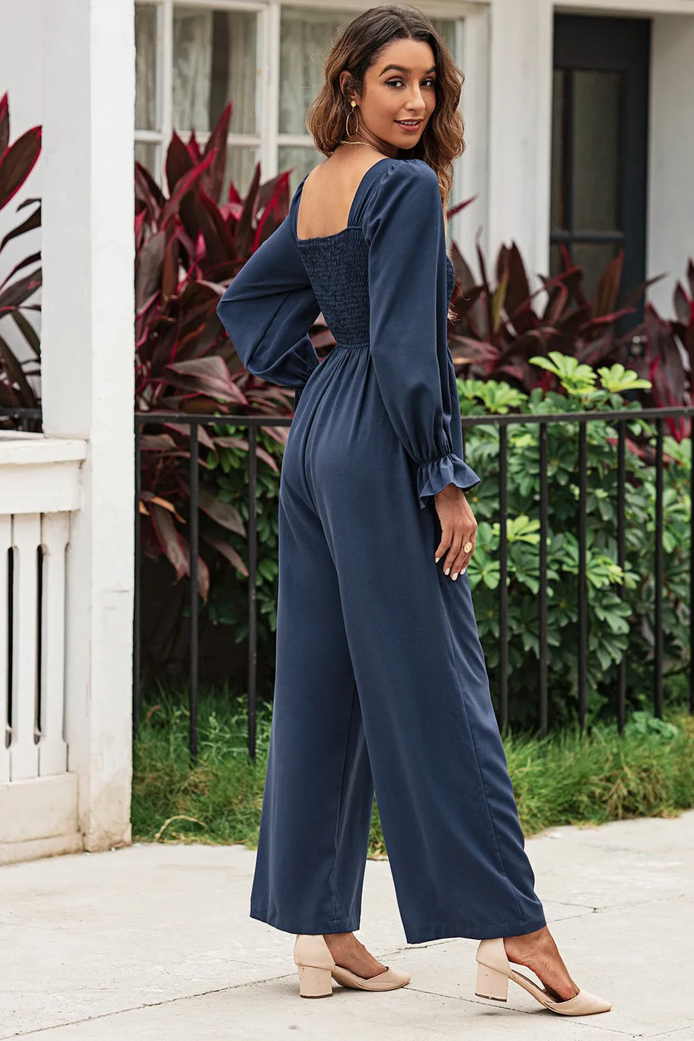 Sunset and Swim Smocked Long Flounce Sleeve Square Neck Jumpsuit