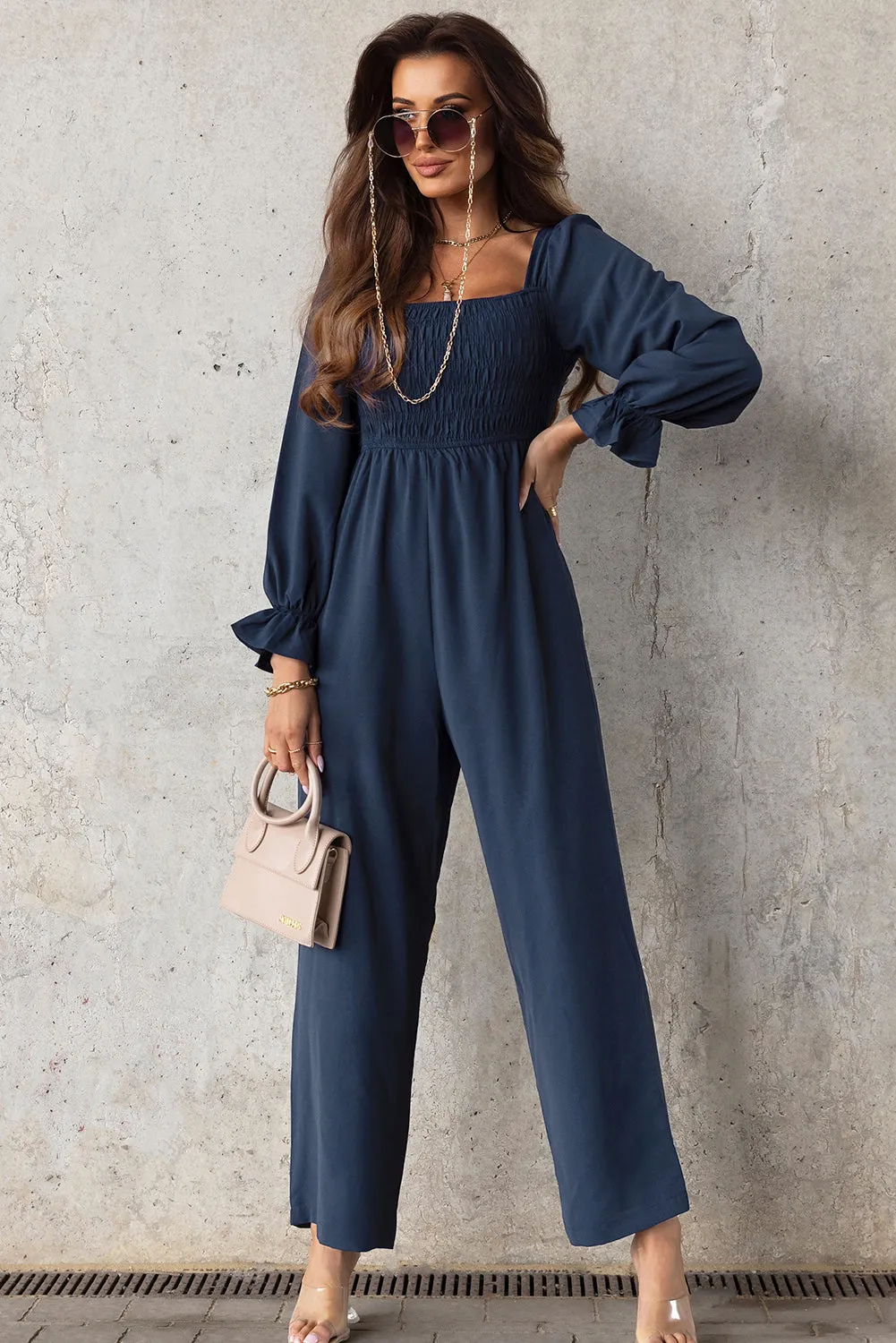 Sunset and Swim Smocked Long Flounce Sleeve Square Neck Jumpsuit