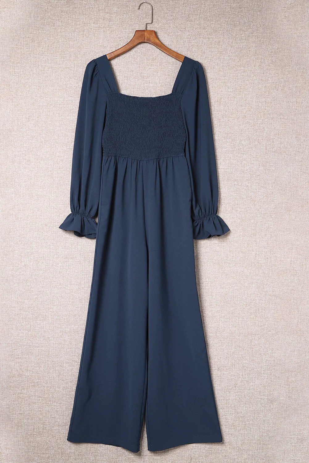 Sunset and Swim Smocked Long Flounce Sleeve Square Neck Jumpsuit