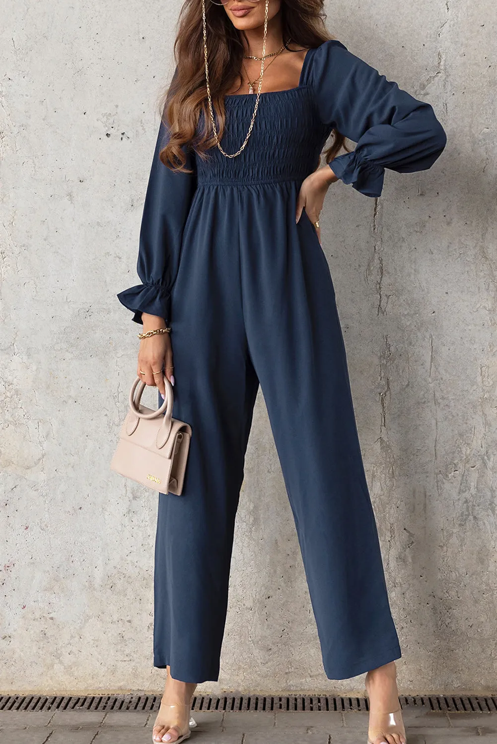 Sunset and Swim Smocked Long Flounce Sleeve Square Neck Jumpsuit