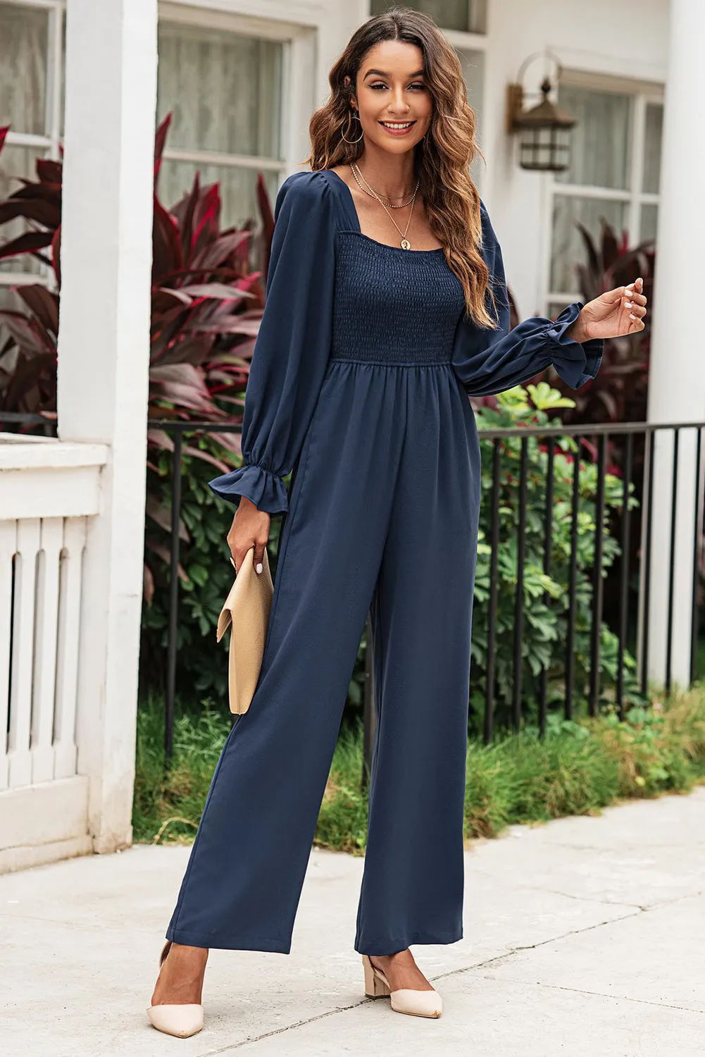 Sunset and Swim Smocked Long Flounce Sleeve Square Neck Jumpsuit
