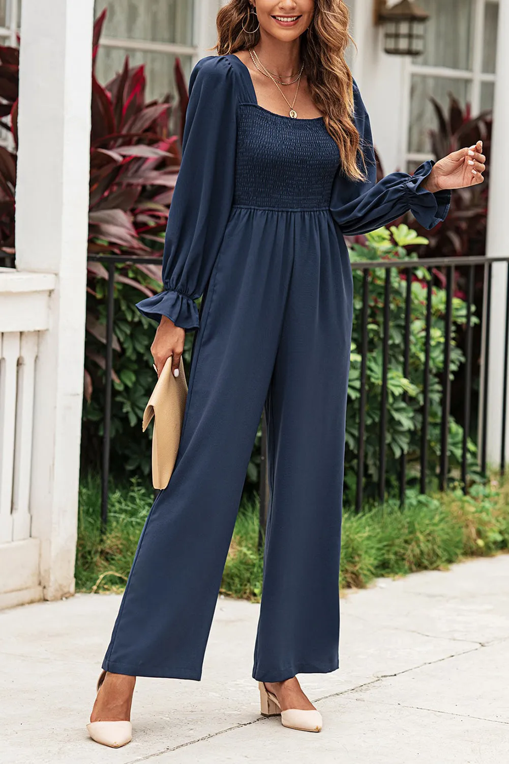 Sunset and Swim Smocked Long Flounce Sleeve Square Neck Jumpsuit