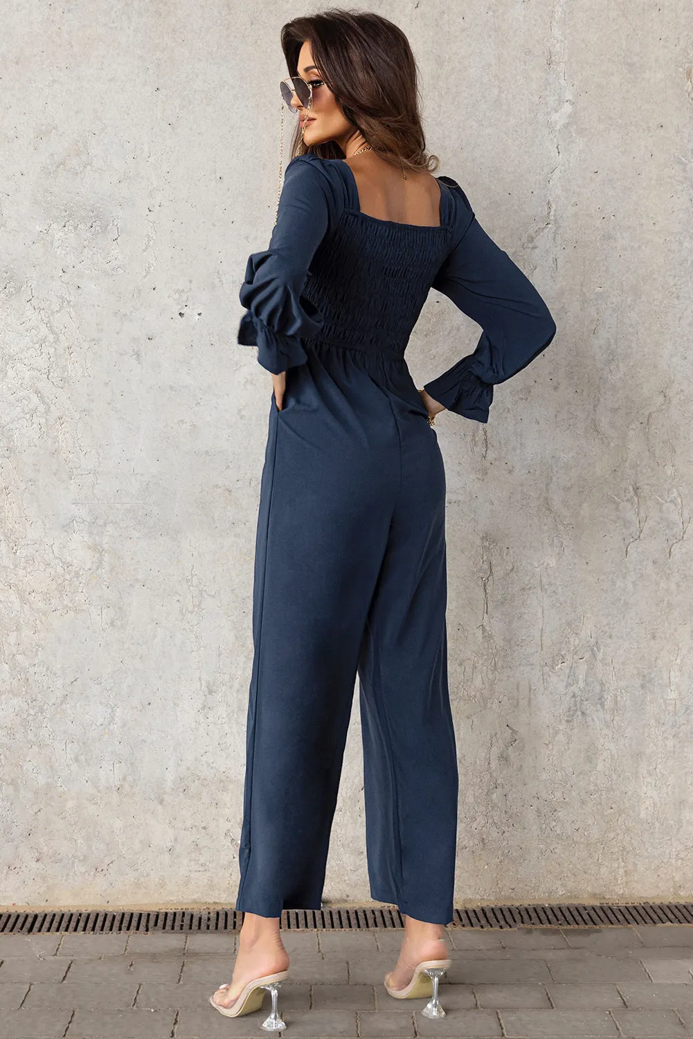 Sunset and Swim Smocked Long Flounce Sleeve Square Neck Jumpsuit