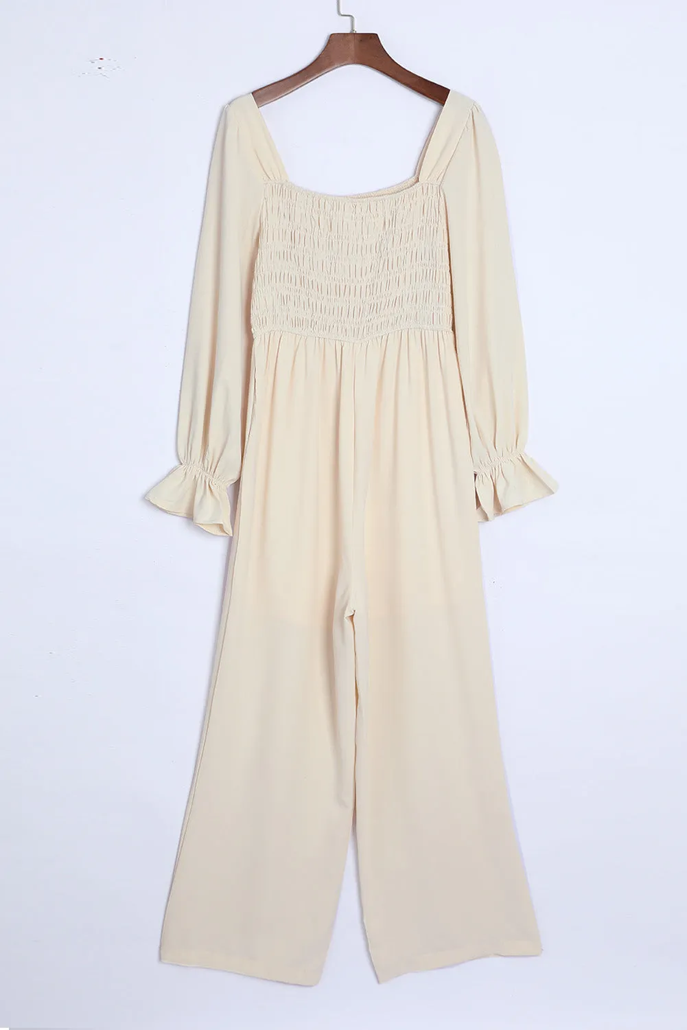 Sunset and Swim Smocked Long Flounce Sleeve Square Neck Jumpsuit